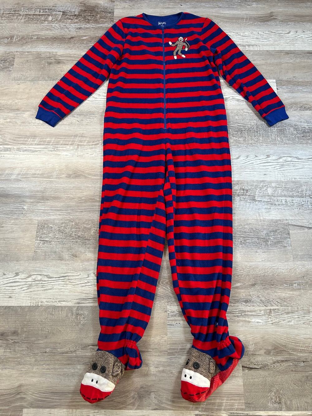 Nick & Nora Sock Monkey Footed Pajamas Fleece Onesie Novelty Holiday Small